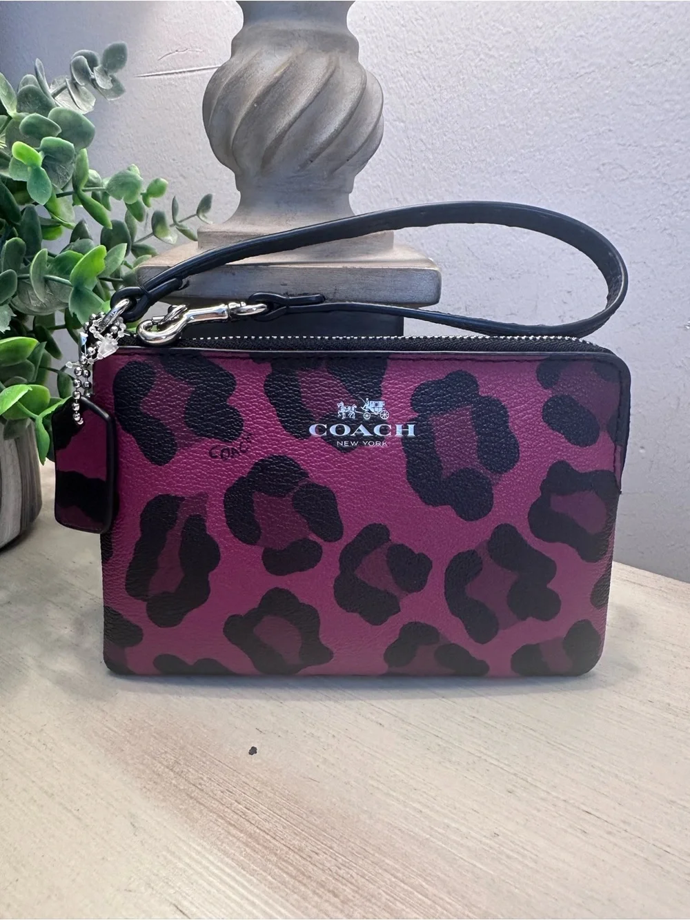 Coach Ocelot Leopard Print Pink and Black Corner Zip Wristlet - Picture 1 of 9